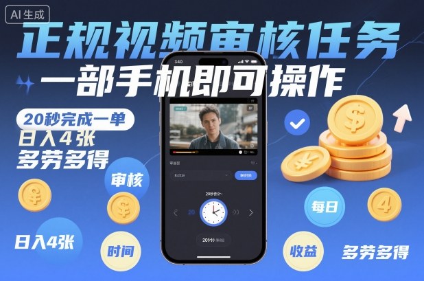 正规视频审核任务,一部手机即可操作,20秒完成一单,日入4张,多劳多得【揭秘】-站长V课