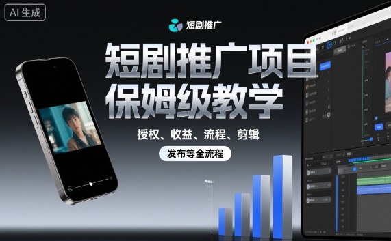 短剧推广项目保姆级教学，授权、收益、流程、剪辑，发布等全流程-站长V课