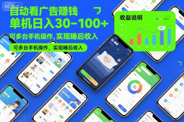 自动看广告賺钱，单机日入30-100+，可多台手机操作，实现睡后收入【揭秘】-站长V课