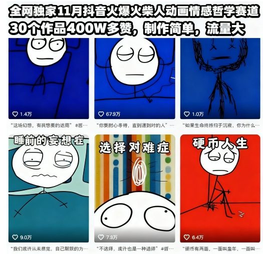 全网独家11月抖音火爆火柴人动画情感哲学赛道，30个作品400W多赞，制作简单，流量大【教学+素材】-站长V课