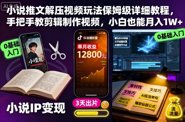 小说推文解压视频玩法保姆级详细教程，手把手教剪辑制作视频，小白也能月入1W+-站长V课