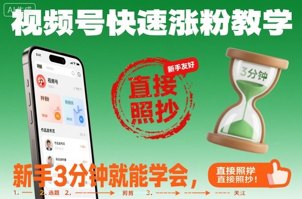 视频号快速涨粉教学，新手3分钟就能学会，直接照抄！-站长V课