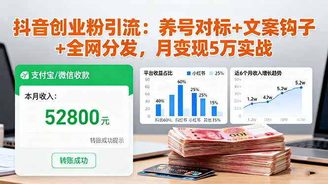 抖音创业粉引流：养号对标+文案钩子+全网分发，月变现5万实战-站长V课