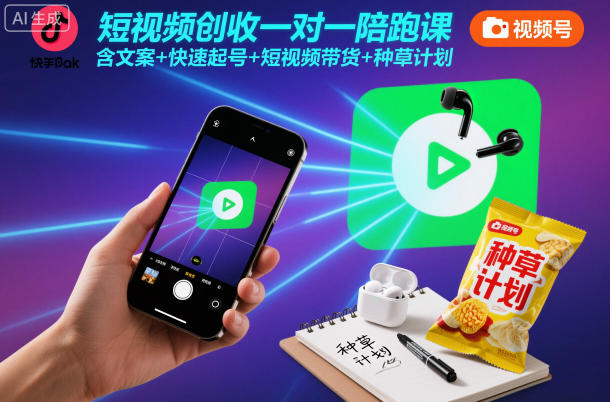 短视频创收一对一陪跑课，含文案+快速起号+短视频带货+种草计划-站长V课