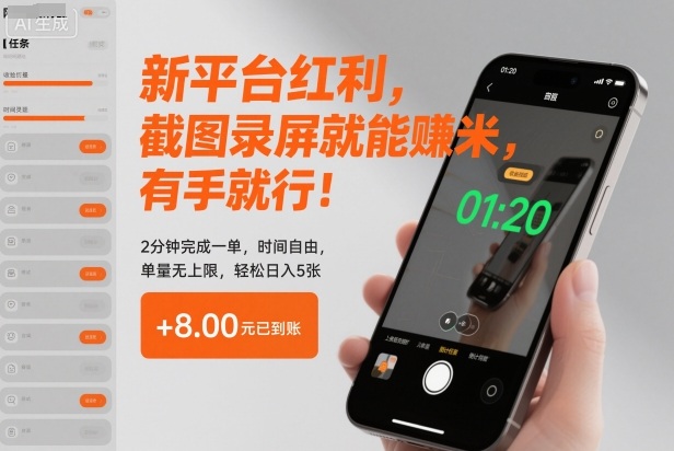 新平台红利,截图录屏就能賺米,有手就行!2分钟完成一单,时间自由,单量无上限,轻松日入5张【揭秘】-站长V课