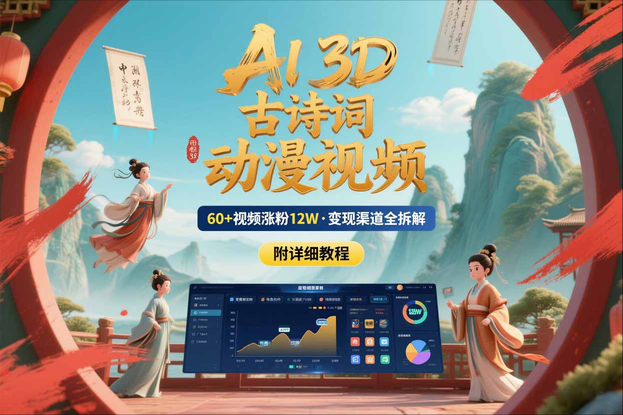 AI制作3D古诗词动漫视频,60多个视频涨粉12W,多个变现渠道拆解【附详细教程】-站长V课