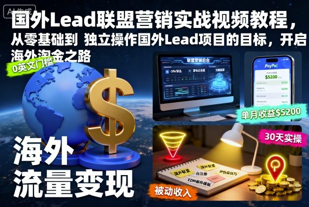 国外Lead联盟营销实战视频教程，从零基础到独立操作国外Lead项目的目标，开启海外淘金之路-站长V课